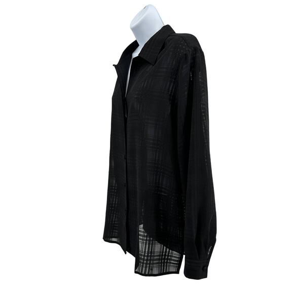 Liz Baker Sheer Shirt WMNS 14 Black Textured Grid Long Sleeve Button Up Bouse - Picture 7 of 10